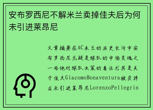 安布罗西尼不解米兰卖掉佳夫后为何未引进莱昂尼