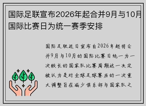 国际足联宣布2026年起合并9月与10月国际比赛日为统一赛季安排